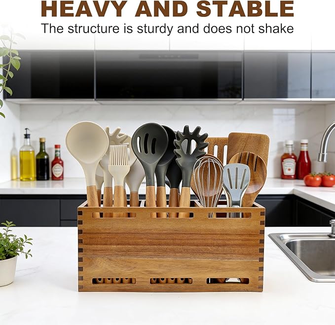 Extra Large Acacia Wood Utensil Holder for Kitchen Counter Decor Rustic Wooden Spatula Holders Cooking Utensils Organizer Countertop Silverware Caddy Spoon Kitchen Tool Holder Farmhouse Utensil Crock