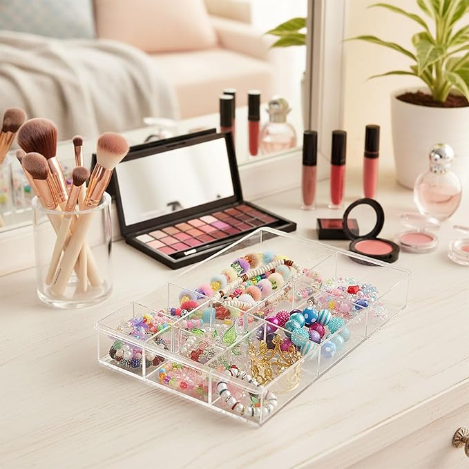 2Pcs 8-Section Clear Drawer Organizer, 13.7" x 8.7" x 2" Large Acrylic Drawer Divider Tray for Desk, Bathroom, Office, Makeup, Junk, Plastic Drawers Organiser Clear Makeup Tray Organizer
