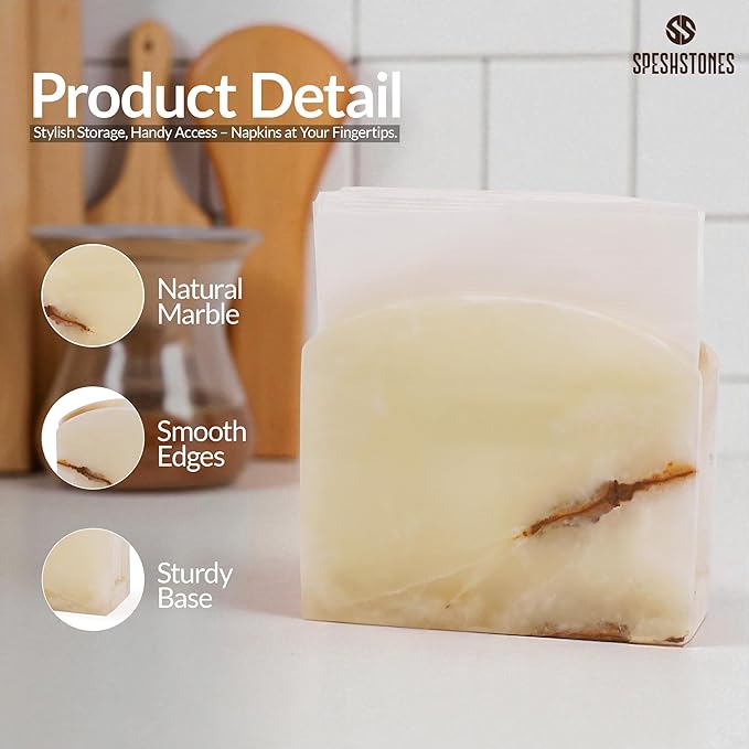 Marble Napkin Holder 6.5 Inch Handmade White onyx Stone Organizer for Tissue Paper & Cocktail Napkins, Coffee Bar Table, Bathroom, Gifts, Kitchen Countertop & Home Decor