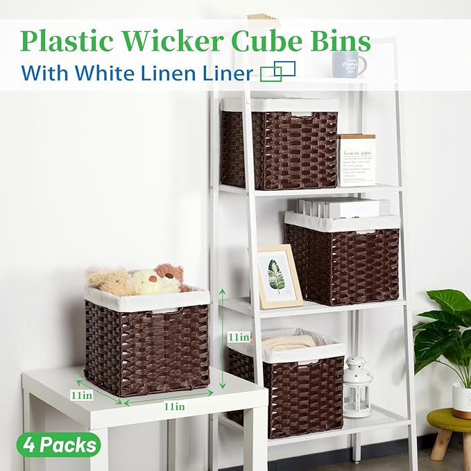 Bidtakay Wicker Cube Storage Bins with Liners 11x11 inch Woven Baskets for Organizing 4-Pack Waterproof Imitation Rattan Woven Cube Organizer with Handles for Pantry-Reddish Brown
