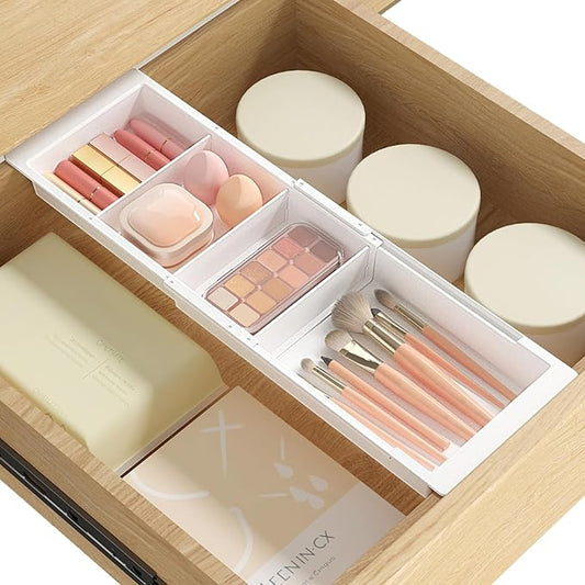 Lifewit Sliding Makeup Drawer Organizer, Fits 13-20" Deep Drawers, Extendable Hanging Divider, 1.8" High Plastic Tray for Vanity, Office, Kitchen, White,1Pcs