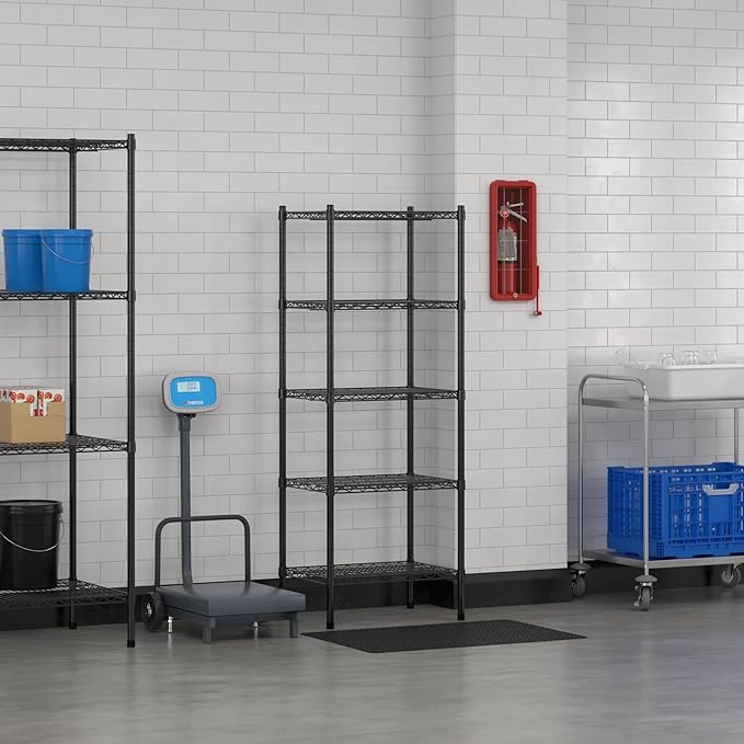 Commercial NSF Listed Black Epoxy Stationary Wire Shelving Kit 18" x 24" x 64", with 5 Shelves Perfect for Warehouse, Walk-in Refrigerator, Freezer, Grocery Store, Restaurant, Dishroom