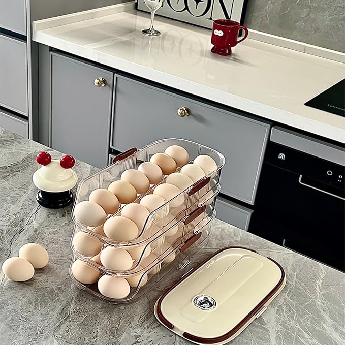 Egg Holder for Fridge: Automatic Rolling Egg Container Egg Dispenser Egg Storage Organizer for Refrigerator with Handle and Freshness Indicator (Double Layer)
