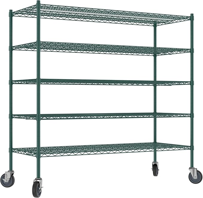 Commercial NSF Listed Green Epoxy Mobile Wire Shelving Kit 24" x 60" x 60", with 5 Shelves Perfect for Warehouse, Walk-in Refrigerator, Freezer, Grocery Store, Restaurant, Dishroom