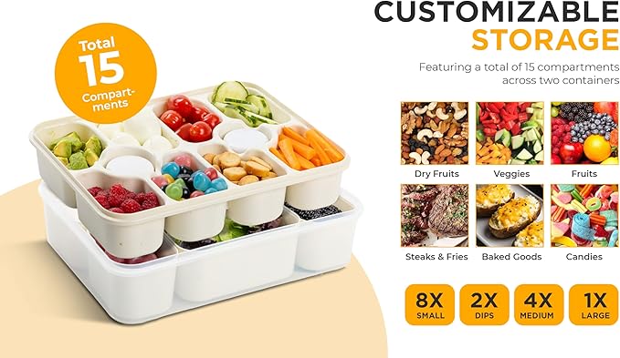 Snackle Box Container with Multi Compartments & Rotary Date Dial - Divided Serving Tray with Lid & Handle -Snack Organizer for Travel, veggies, Nut, fruit, Picnic & party - Dishwasher &Microwave safe