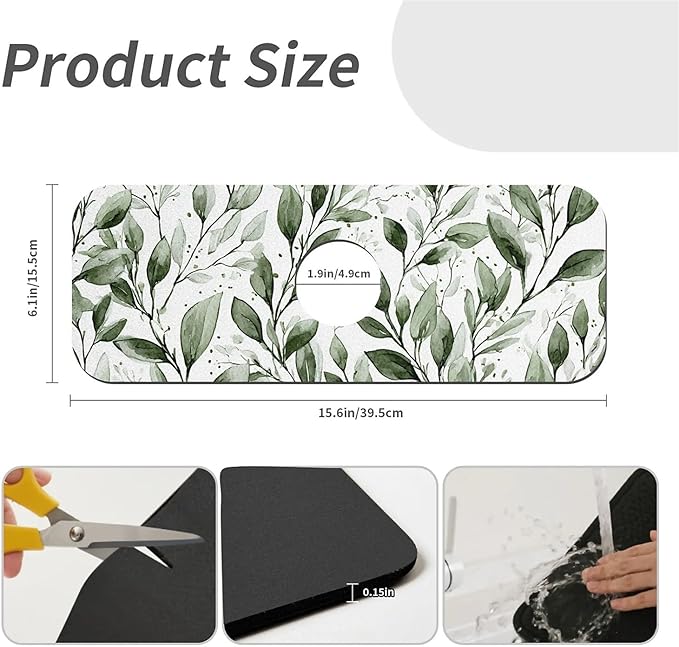 Kitchen Sink Splash Guard，Watercolor-sage foliage Faucet Mat Sink Gadgets-Super Absorbent Fast Drying Mat Drip Catcher for Kitchen, Bathroom,Sink Mat, Dish Drying Mat, Bathroom(15" X 5.5" )