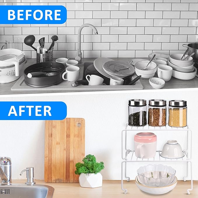 2-Pack Small (10.8x5.3inch) White Stackable Shelf Organizer Rack, Kitchen Shelves Organization for Cabinet, Pantry Organizers and Storage, Wire Shelf Rack, Desk Organizer, Rustproof