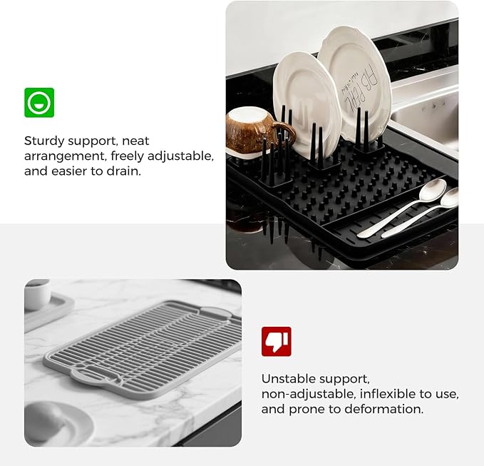 15.75"x11.18" Silicone Dish Drying Mat for Kitchen Counter, Quick Dry Dish Mat with Dish Rack and Dual-Sided Independent Zones, Multiple Usage Kitchen Mat with Hanging Hook for Home (Black)