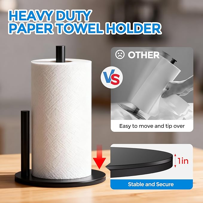 zaa Paper Towel Holder Countertop - Free Standing Paper Towel Holder for Kitchen Organization, Easy to Carry Paper Roll Dispenser, No Drill Installation, for Kitchen, Bathroom, Office, RV, Black