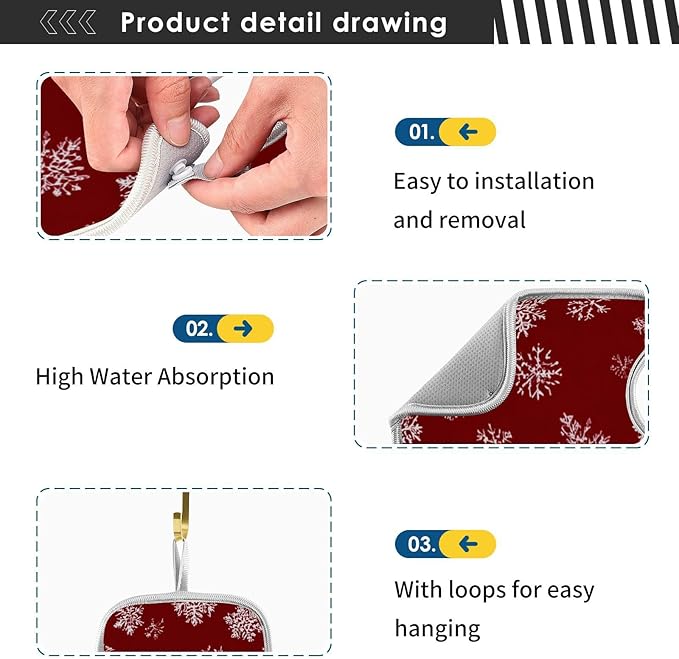 2 PCS Kitchen Sink Splash Guard 14.9 Inch Faucet Mat for Kitchen Sink Bathroom Sink Faucet Absorbing Drip Drain Mat Pad Microfiber Soft Washable Red Christmas Gingerbread Snowflakes
