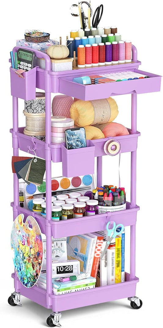 4 Tier Rolling Cart Organizer with Drawer, Bathroom Storage Carts with Wheels & Plastic Shelf, Mobile Storage Organizers for Kitchen, Office, Laundry Room, Baby, Snack, Craft, Makeup, Purple
