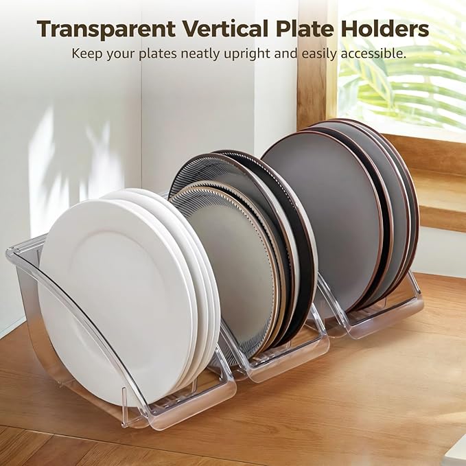 4 Pcs Paper Plate Holders, 9.8" Transparent Dish Racks, Vertical Plate Dispensers with 5 Slots, Compact Clear Bowl Organizers, Kitchen Cabinet Countertop Storage Shelves