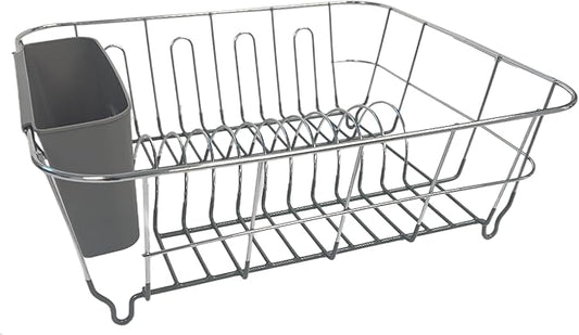 Dish Drying Rack & Cutlery Holder 2 Piece Set - Compact Sink-Fitting Dish Drainer with Rubberized Undercoating, Space-Saving Kitchen Organizer for Plates, Cups, Bowls & Utensils in Sink, Gray