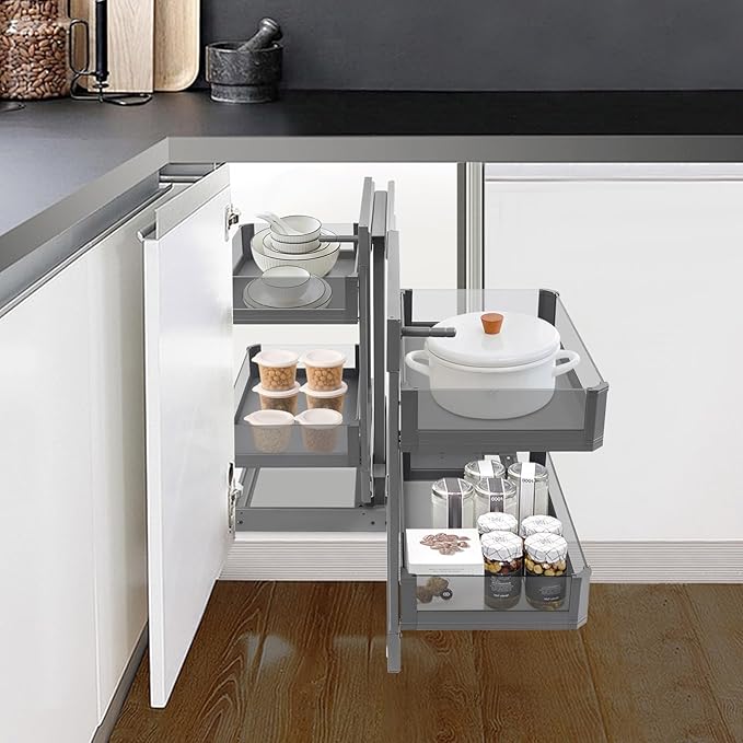 Blind Corner Cabinet Organizer,Tempered Glass Corner Cabinet Pull-Out,2-Tier Kitchen Cabinet Left Open & Right Open Compatible,Adjustable & Removable Basket (Grey)