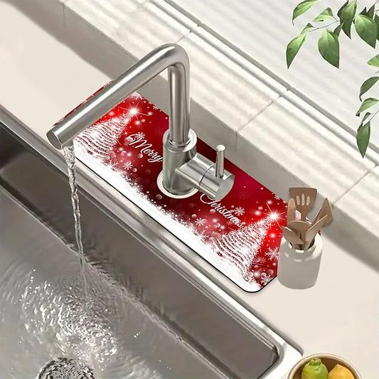 Christmas Merry Xmas Sink Faucet Absorbing Mat Santa Claus Super Absorbent Fast Drying Mat Sink Gadgets Behind Faucet Sinkmat for Kitchen Bathroom, 15.5"x5.5"