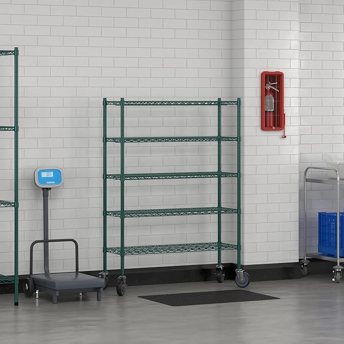 Commercial NSF Listed Green Epoxy Mobile Wire Shelving Kit 14" x 42" x 60", with 5 Shelves Perfect for Warehouse, Walk-in Refrigerator, Freezer, Grocery Store, Restaurant, Dishroom