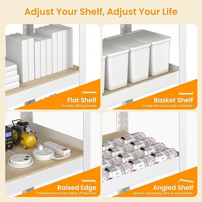 4 Tier Metal Shelves Unit, Adjustable Pantry Organizers and Storage Shelves, Shelving Unit for Closet with Clothes Rod, Storage Rack for Pantry, Laundry, Kitchen - White & Wood Color