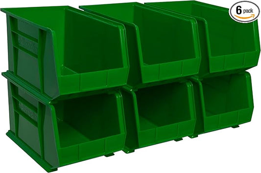 Akro-Mils 30260 AkroBins Plastic Storage Bins, Space-Saving Stackable Bins for Garage, Pantry, Craft Organization, 18" x 11" x 10", Green, 6-Pack