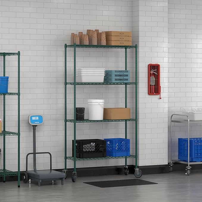 Commercial NSF Listed Green Epoxy Mobile Wire Shelving Kit 14" x 42" x 80", with 4 Shelves Perfect for Warehouse, Walk-in Refrigerator, Freezer, Grocery Store, Restaurant, Dishroom