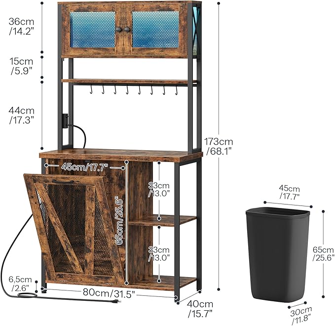 HOOBRO Bakers Rack with Trash Can Bin Cabinet, 6-Tier Microwave Stand with LED Stripe, Kitchen Storage Shelf with Outlet, Tall Coffee Bar Station for Dining Room, Rustic Brown and Black BF24UDHB01