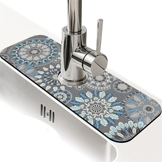 Kitchen Sink Splash Guard，Bohemian flowers Faucet Mat Sink Gadgets-Super Absorbent Fast Drying Mat Drip Catcher for Kitchen, Bathroom,Sink Mat, Dish Drying Mat, Bathroom(15" X 5.5" )