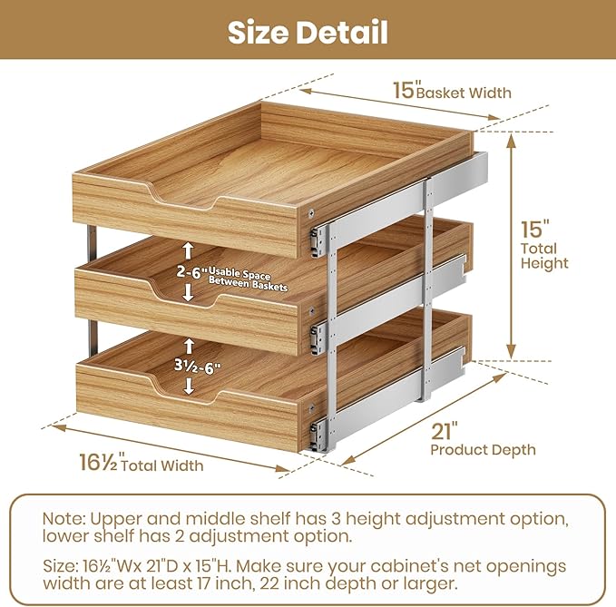 ROOMTEC 3 Tier Pull Out Cabinet Organizer, Heavy-Duty Pull Out Drawer, Slide Out Wood Shelf for Cabinets, Base Cabinet Organization for Pantry, Bathroom (16½"Wx21 D)