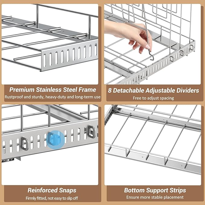 Housolution Pull Out Stainless Steel Baking Tray and Cookie Sheet Organizer, 13"-22" Width Expandable Cutting Board Holder with 8 Adjustable Dividers, 20" Deep Bakeware Rack for Cabinet, Silver