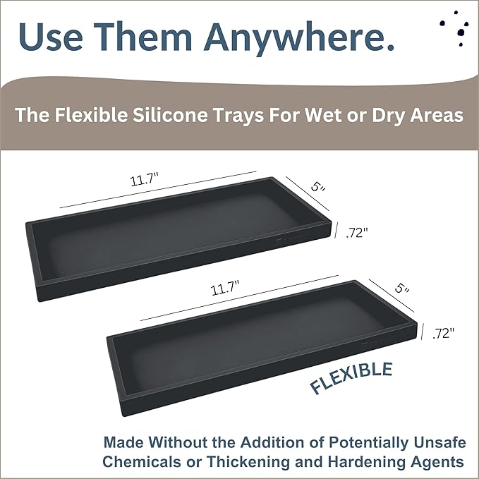 Countertop and Vanity Tray - 2 PC Large 11.7" Silicone Bathroom Trays, Counter Organizer, Dish Soap Sponge Holder Kitchen Sink Tray Organizer, Sink Caddy Toothbrush Key Kitchen Soap Trays