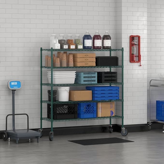 Commercial NSF Listed Green Epoxy Mobile Wire Shelving Kit 18" x 54" x 60", with 5 Shelves Perfect for Warehouse, Walk-in Refrigerator, Freezer, Grocery Store, Restaurant, Dishroom