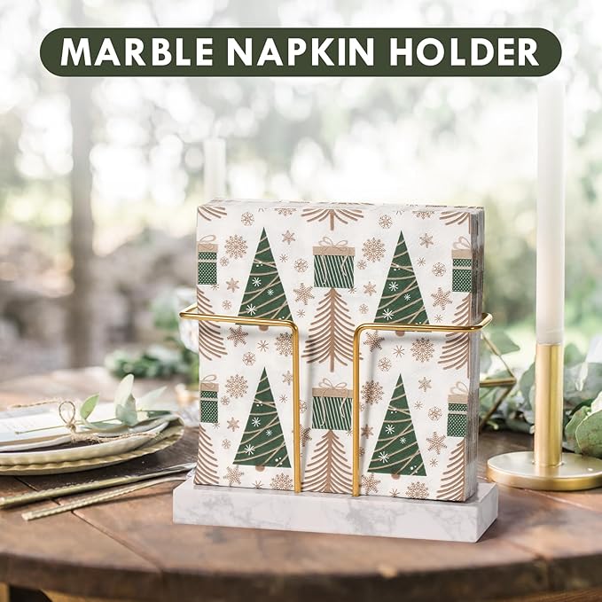 2 Pack Cocktail Napkin Holder for Table,Natural Marble Napkins Holder with Metal Wire,Modern Tissue Paper Dispenser for Dining Table Bar Kitchen (6.8 x 6.8 inch Cocktail Napkin Holder)