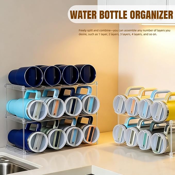 Water Bottle Organizer for Stanley 40 OZ Tumbler Cup Accessories, Clear Stackable Bottle Holder Wine Rack for Cabinet Countertop Kitchen Home Pantry Shelf Storage, 3 Tier Hold 12 Bottles