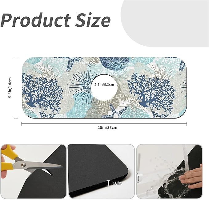 Kitchen Sink Splash Guard，Cute corals and seashells Faucet Mat Sink Gadgets-Super Absorbent Fast Drying Mat Drip Catcher for Kitchen, Bathroom,Sink Mat, Dish Drying Mat, Bathroom(15" X 5.5" )
