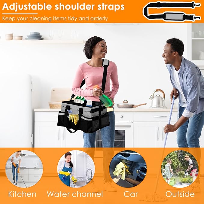 Wearable Cleaning Caddy Bag, Large Cleaning Supplies Organizer with Handle and Adjustable Strap, Kitchen Caddy Storage Bag with 5 Compartments for Housekeepers, Under Sink and Car Cleaning Organizer