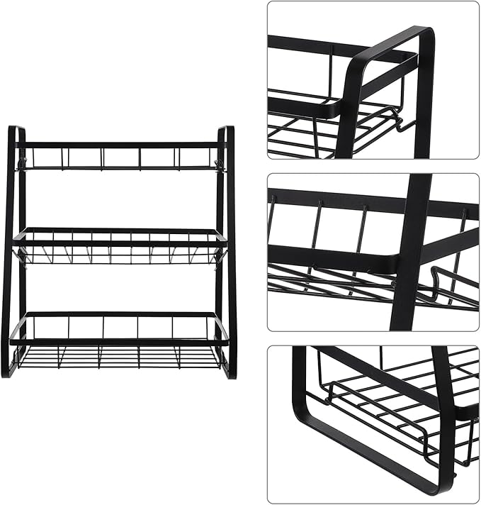 Black 3-Tier Detachable Kitchen Storage Shelf Seasoning Bottle Rack Household Spice Organizer for Pantry and Countertop Use