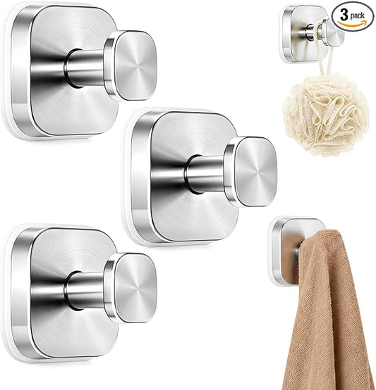 Zrpot 3 PCS Bathroom Hooks for Towels, Suction Cup Hooks for Shower, Door Hooks for Hanging Robe Loofah Removable Wall Hooks for Kitchen Glass Window Silver