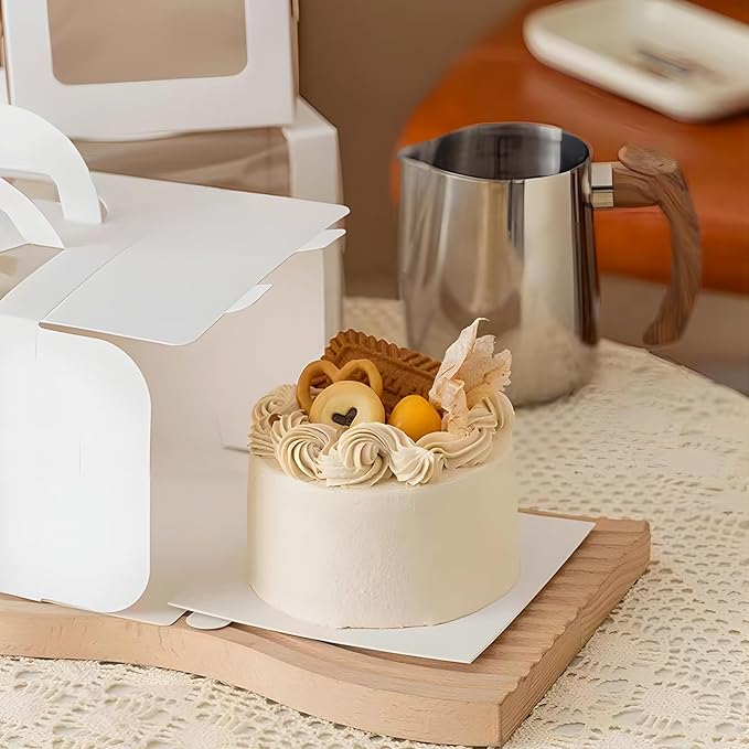 25 Pcs 5x5x4 Inch White Cake Boxes with Handle & Boards, Easy Carrying Paper Cake Containers, Cake Holder Window Carriers for Birthday Christmas Birthday Wedding, Party, Gift