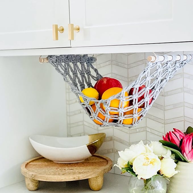 Fruit Hammock - Hanging Fruit Basket - Produce and Veggie Storage for Kitchen Under Cabinet - Banana Hook - Macrame Boho Modern (Grey)
