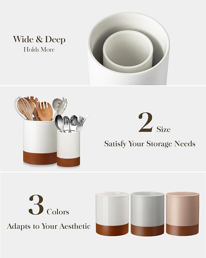 MALACASA Utensil Holder, 7.3"+5.5" Ceramic Kitchen Utensil Holder for Countertop, Large Cooking Utensil Crocks for Kitchen Counter, Farmhouse Utensils Organizer, Set of 2, Khaki White, Series TARA