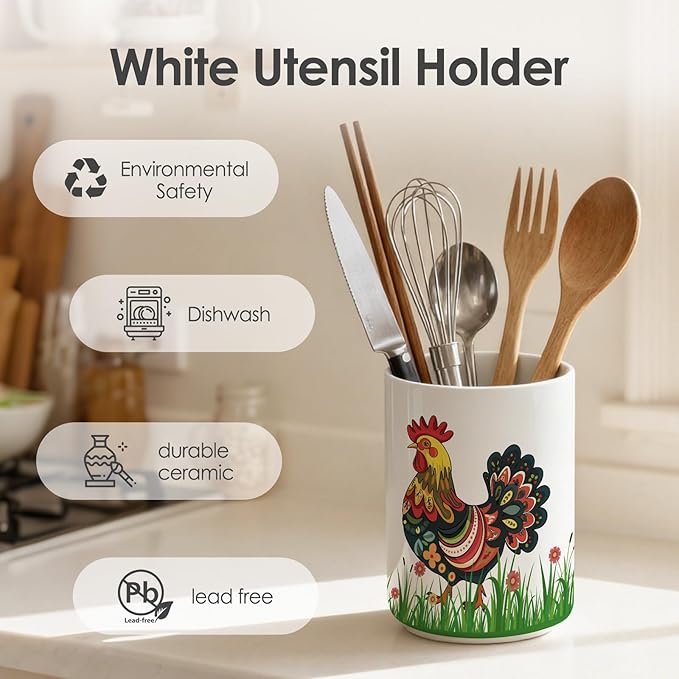 Ceramic Utensil Holder for Kitchen Counter,Rooster Chicken Kitchen Decor Large Cooking Utensil Crocks,for Farmhouse,Decorations Indoor Rustic Farmhouse 6.3"+4.7"(Chicken decorations)