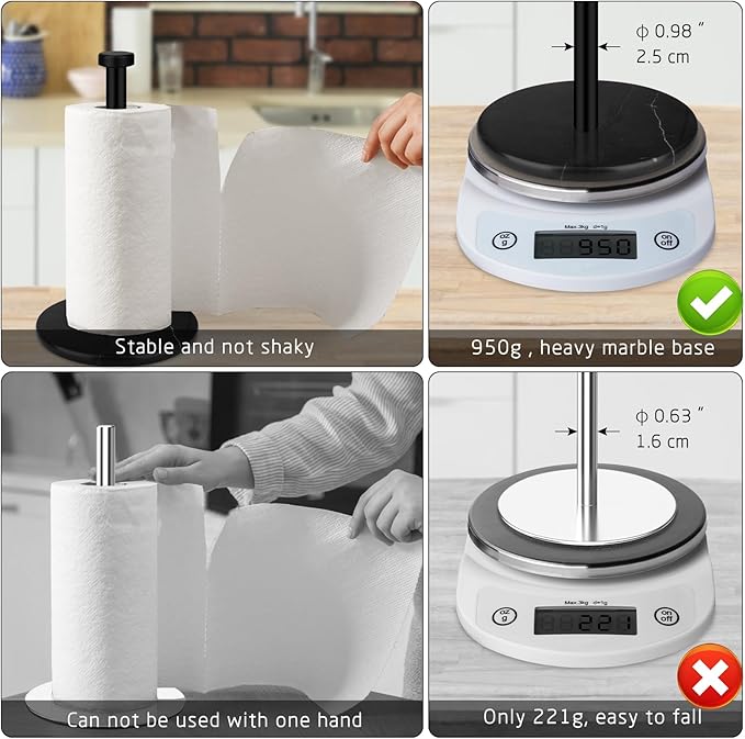Paper Towel Holder Countertop with 7" Weighted Black Marble Base - Modern Free Standing Paper Roll Holder, Matte Black Stainless Steel Stand Paper Towel Holder for Kitchen and Bathroom