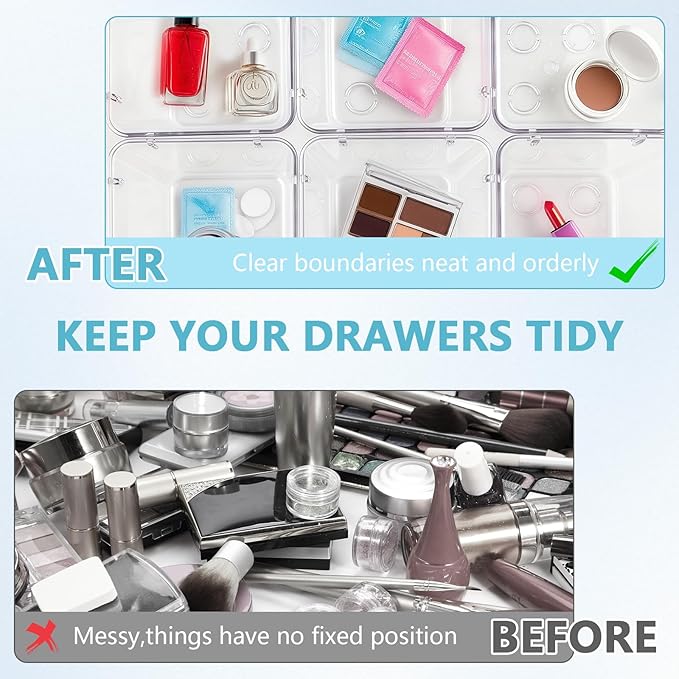 24 Pcs Clear Drawer Organizers 3" x 3" x 2" Stackable Small Makeup Vanity Storage Bins Small Desk Drawer Organization Clear Container Dividers for Makeup Vanity Office Bathroom Kitchen Utensil