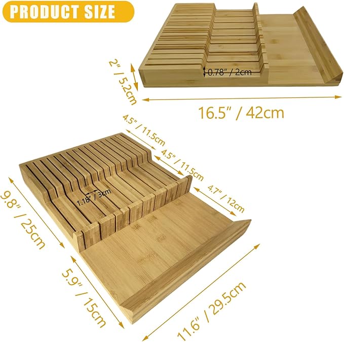 Bamboo In-Drawer Knife Block, 17 Slot Large Capacity Knives Organizer, Upper and Lower Kitchen Steak Knife Storage Rack - Holds 8 Short + 9 Long Knives