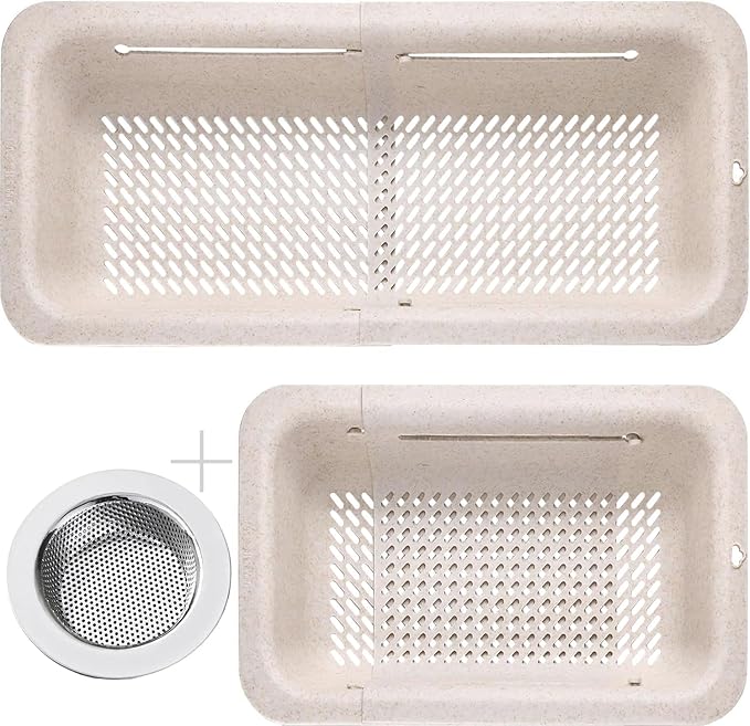 LASSHSWA Collapsible Colander and Strainer for Kitchen, Over the Sink Strainer Basket for Kitchen, Fruit Pasta Food Strainer Expandable Plastic Colander (Straw)
