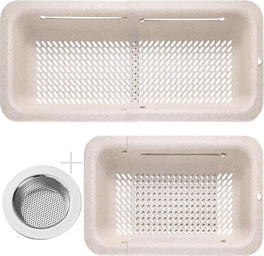 LASSHSWA Collapsible Colander and Strainer for Kitchen, Over the Sink Strainer Basket for Kitchen, Fruit Pasta Food Strainer Expandable Plastic Colander (Straw)