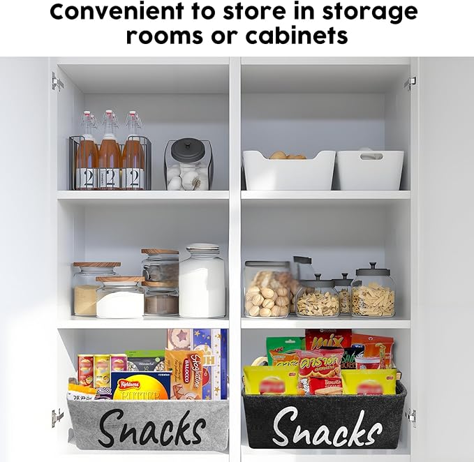 2 PCS Snack Bin Organizer for Pantry, Snack Basket Organizer for Countertop with Wooden Handles Thickened Felt Snack Storage Containers for Storing Chips Pretzels Cookies Popcorn and More
