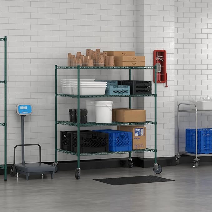 Commercial NSF Listed Green Epoxy Mobile Wire Shelving Kit 30" x 48" x 60", with 4 Shelves Perfect for Warehouse, Walk-in Refrigerator, Freezer, Grocery Store, Restaurant, Dishroom