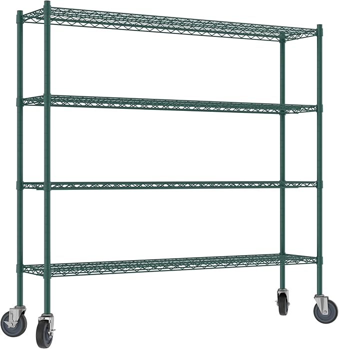 Commercial NSF Listed Green Epoxy Mobile Wire Shelving Kit 14" x 60" x 60", with 4 Shelves Perfect for Warehouse, Walk-in Refrigerator, Freezer, Grocery Store, Restaurant, Dishroom