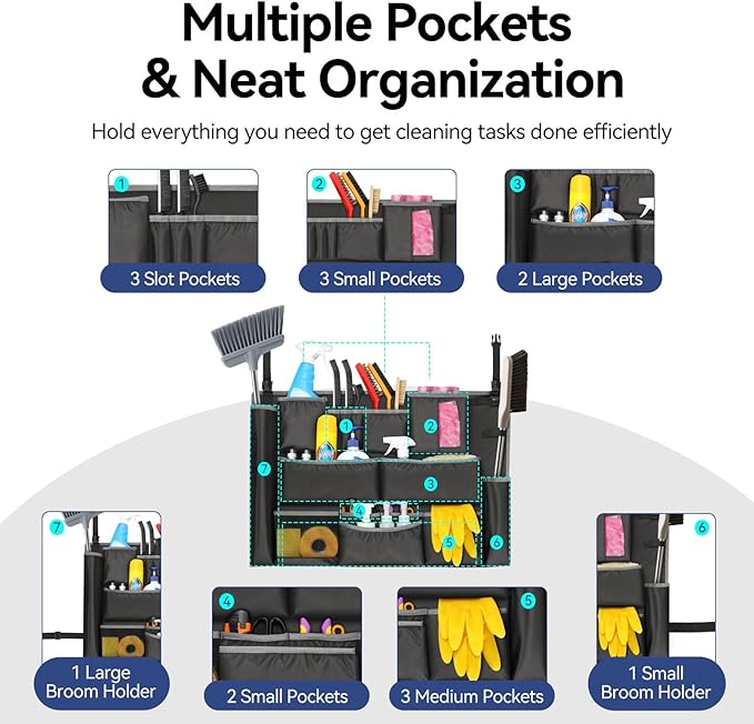 Housolution Trash Can Caddy Bag, Upgraded 3 Tier Large Capacity Cleaning Supplies Bag, Fits for 32-55 Gallon Garbage Bin, 15 Pockets Cleaning Tool Storage Organizer for Housekeeping & Janitorial