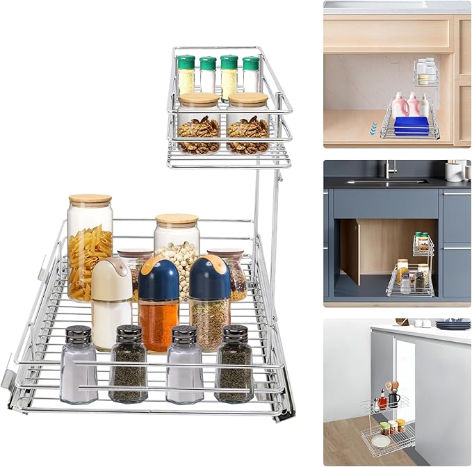 DUSNDULR 2 Tier Under Sink Organizer, 27.95"x12.6"x13" Pull Out Cabinet Organizer Under Sink Slide Out Storage Shelf for Kitchen Cabinet Bathroom