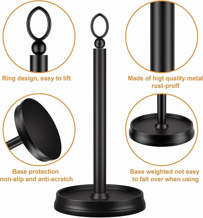 Standing Paper Towel Holder, Non-Slip Paper Towel Roll Holder for Bathroom, Stainless Steel Kitchen Paper Towel Stand Countertop (Matte Black, 2 Pack)